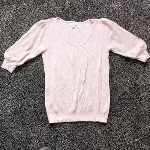 Women’s Light Pink Puff Sleeve Sweater Size M Ribbed Knit V-Neck Cotton Blend